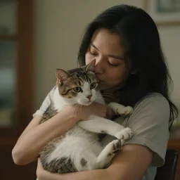 a woman holding a cat, cinematic, realistic