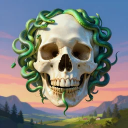 hyperdetailed maximalist artwork by billelis inspired by oozium. Artstation. 8k 4k 64megapixels seen from below. Ant's eye perspective. Focus Giant floating alabaster skull drapped over with 1000 twirling emerald snakes. Unreal engine 5. Surreal render. Slightly blurry speedpainted minimal Swiss landscape below in the style of loish and holosomnia. Unrealistic harmonic colors. Sundown.