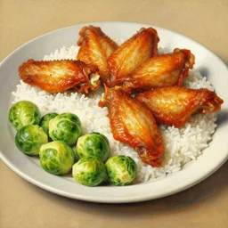 a painting of chicken wings, rice and brussel sprouts by repin.