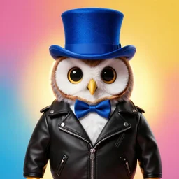 cute owl wearing black biker jacket, portrait photo, backlit, studio photo, background colorful, tophat, kobalt blue, tophat, bow tie