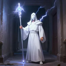 thunder man, storm, lightning, spell, staff, white robe, environment, hallway, artstation
