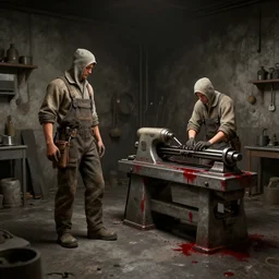 3 d game cg, same clothed labours inside a dusky empty work shop, a lathe with blood stains in the corner alone on the right side for processing parts. artstation trending, unreal engine, hyperdetailed, 4 k