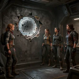 epic professional digital art interior view of dim spaceship cargo bay with wall torn by micrometeorite hole, detailed, leesha hannigan, wayne haag, reyna rochin, ignacio fernandez rios, best on artstation, cgsociety, wlop, stunning, gorgeous, much wow, cinematic