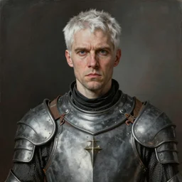portrait painting of a sarcastic man with short white hair wearing a grey pelt gambeson, late 3 0 s. sharp focus, award - winning, trending on artstation, masterpiece, highly detailed, intricate. art by terese nielsen