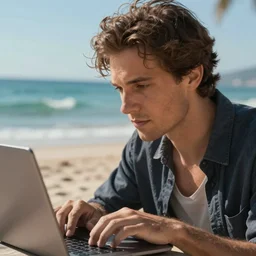 man working on laptop at sunny beach, by ilya kuvshinnikov, perfect face, fine details