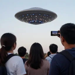a group of people looking at a ufo in the sky, shot on an iphone 1 3
