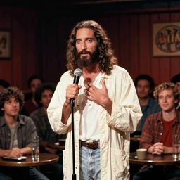 Photo still of Jesus Christ in 1990s clothing doing a stand-up routine in front of an audience in a dimly lit comedy club, in the style of the TV show  Seinfeld (1994)