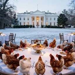 the chickens are eating dinner at the govenors mansion and white houses buffet on a saturday night at the the round tables house in cold hearted lake icy toes