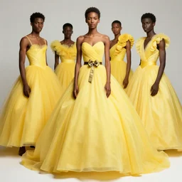 . stunning editorial fashion photography of black teenage men in yellow ballgowns, creative studio photography by patrick demarchelier