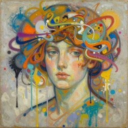 abstract expressionism oil painting intertwined with a human head, spray paint texture, drips, impasto paint, 3 d graffiti texture, brushstrokes, abstract, highly detailed, hyperealistic fresh paint, harmonious, chaotic, colorfull, in the style of alphonse mucha