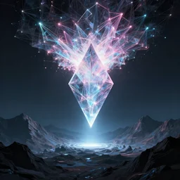 an upside down pyramid floating above mountains made of a fractal neon explosion, a portal to a vaporwave paracosm, rule of thirds, clean linework, dramatic, moody, introspective, cinematic, award winning, 4 k, trending on artstation, photorealistic, volumetric lighting, octane render
