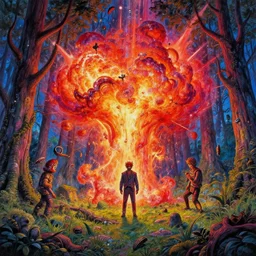 highly detailed vibrant delirium forest explosion by petros afshar, tom whalen, laurie greasley, war face by greg rutkowski