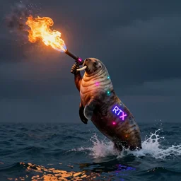 Walrus jumping out of the ocean backwards wielding a flamethrower, volumetric lighting, RTX, neon lights, painting by Ivan Aivazovsky