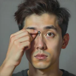 a surreal painting of a man removing a nail from his third eye