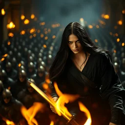 epic photo of battlefield with hundreds of soldiers in the foreground is salma hayek as beautiful wizard wearing a black satin robe and metal belt in lord of the rings with long straight black hair fighting, sweaty, detailed eyes, neutral expression, shallow depth of field, photorealistic, cinematic lighting, lovely bokeh, dungeon setting, dark moody light, strong rim light, movie quality, fire light, flames, excalibur 1 9 8 0, movie still