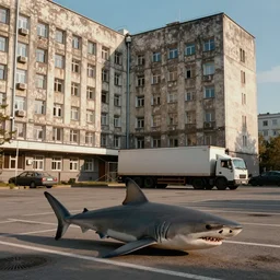 photograph of a shark and a truck in brutalist soviet office building parking lot in sunshine kodachrome style of simon stahlenhag