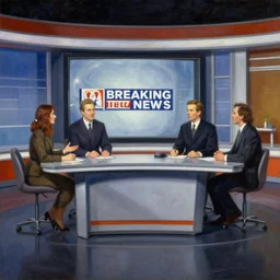 a stunning painting of a breaking news broadcast in tv studio by thomas kinkade and john aktinson grimshaw, matte painting, moody palette