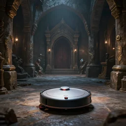 A roomba avoiding danger in a fantasy medieval dungeon, epic