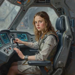 a realistic oil painting of a girl resembling alicia vikander or millie bobby brown in a futuristic mechanical spaceship cockpit, highly detailed, intricate, concept art, artstation, by donato giancola, ron cobb, and artgerm