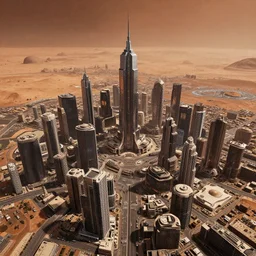 Aerial photo of a cyberpunk city on Mars