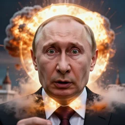 shocked face of putin looking in nuclear explotion in moscow, hyper - realistic, sharp focus, depth of field, hyper - detailed visionary art, symmetric, hell, holy halo, dramatic ambient lighting, high detail, vibrant colors,