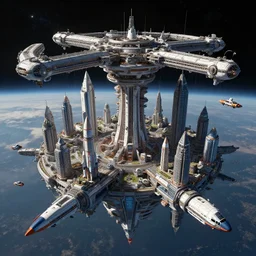 an elaborate, very detailed futuristic space city that hangs from a gigantic space station with rockets and flying cars