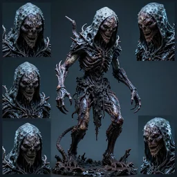 photo taken of an epic intricate, ultra detailed, super realistic gritty, wet, slimy, lifelike sculpture of a nightmarish hellish humanoid grim reaper creature created by weta workshop, menacing, some zoomed in shots, photorealistic, sharp focus, extremely cold blueish colour temperature, f 0. 4, full body shot