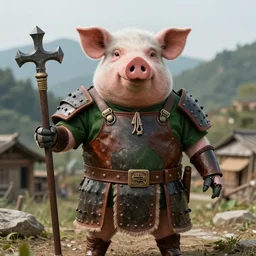 High resolution, high quality, extremely detailed, colour historical photo of robot pig , wearing leather armour and a green undershirt, holding a 🛡 and an 🪓, a fierce expression on her face, standing in the mountains of village