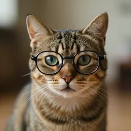 a cinematic human cat with glasses, front view, ultra realistic, canon, 3 5 mm, bokeh, coherent