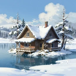 a lake house in winter, trending on artstation, ghibli style,, attack on titan style, concept art, art by artgerm and greg rutkowski and alphonse mucha