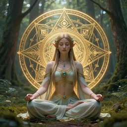 elven princess meditating in forest, digital art, octane render, ultra detailed, intricate, sacred geometry, serene, beautiful, photo, realistic, perfect, smooth, 8k