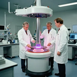 teleportation machine in a laboratory, with two people in white lab coats testing it out by mark rothko and arthur adams