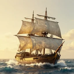 pirate sloop, heavy winds, huge waves, golden hour, dramatic lighting, digital art, photograph 8 5 mm / f 1. 8