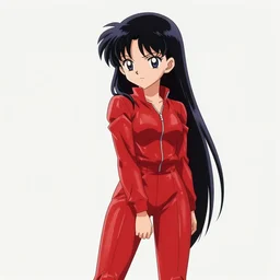 anime girl with a detailed face and black hair in a red outfit, full body, trending, blank space at the top, illustration