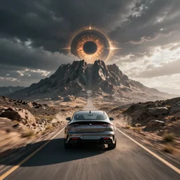 kia stinger gt driving towards mount doom | eye of sauron watching over in the background | wide angle photograph | high resolution