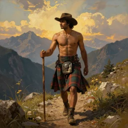 a dramatic epic beautiful painting of a shirtless desi man on a mountain path | he is wearing a plaid kilt and cowboy hat, and holding a walking stick | background is mountains and clouds | dramatic lighting, golden hour, homoerotic | by walter crane, by gaston bussiere, by tom of finland | trending on artstation