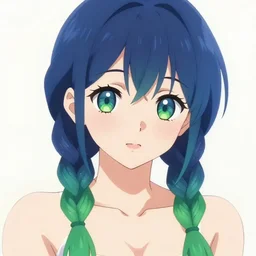 cute, anime girl selfie, braids blue and green, singular, junichi higashi, isamu imakake, intricate, balance, iphone camera, volumetric lighting, cinematic lighting, masterpiece