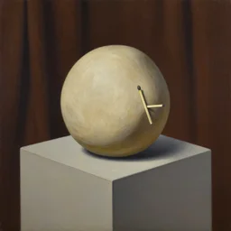 painting of art exibit of a beige round boulder with a matchstick in its side on a cube shaped table against a dark brown curtain, surreal album cover, impressionist painting,