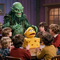 full color frame from a live action 1972 kids show with Cthulhu, sad cheese puppet, and the friends having a tickle party, horror, grunge, upsetting