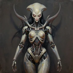 perfectly centered portrait, front view of a biomechanical alien robot goddess kali, symmetrical, concept art, intricate detail, volumetric shadows and lighting, realistic oil painting by tim hildebrandt and greg rutkowski,