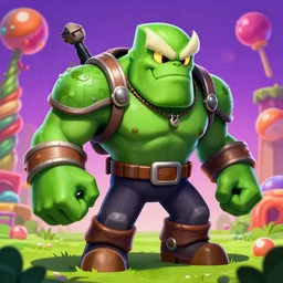 Doom Guy's adventure in Candy Land, 4k, 8k, highly detailed, digital art, digital painting, sharp, green Doom Guy