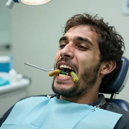 a mouth full of bacteria. cursed image. realistic photograph. homeless man at the dentists office.