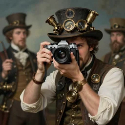 hyper realistic photographer looking through camera, magical, steampunk, painted by gaston bussiere, craig mullins, j. c. leyendecker 8 k