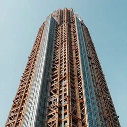 A realistic detailed photo of a skyscraper made of wood and metal, colorful, vibrant, strangely mutated, 8k, super detailed, hyperrealistic, cinematic,