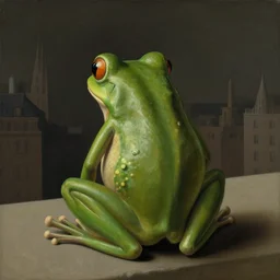 one frog with city in the back by René Magritte, detailed, 4k