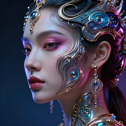 a highly detailed photo of very intricate female face portrait, futurism, rococo cyber neon lighting, detailed futuristic fibonacci jewelry, profile posing, hyper photorealistic, crispy quality, digital photography, trending in pinterest, cinematic, 4 k ultra hd, art by pascal blanche, art by greg rutkowski, art by artgerm,
