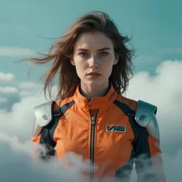 symmetry!!! closeup portrait of a cyborg racer girl, fashion racing jumpsuit, shoulder pads, in clouds, cinematic light, windy, teal orange, volumetric smoke simulation! by gerald brom, by mikhail vrubel, by peter elson, muted colors, extreme detail, trending on artstation, 8 k