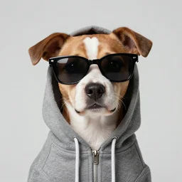 portrait of dog in hoodie in sunglasses by greg hildebrandt and michael hutter