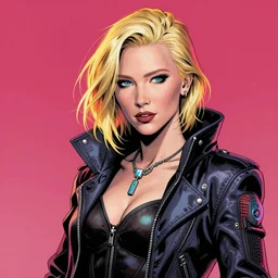 hyper detailed comic illustration of a cyberpunk catee blanchett  , by darick robertson , transmetropolitan , intricate details, vibrant, solid background