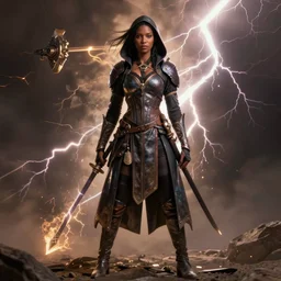 high fantasy black female rogue portrait by Frank frazetta, full body, trending on artstation, dramatic lightning